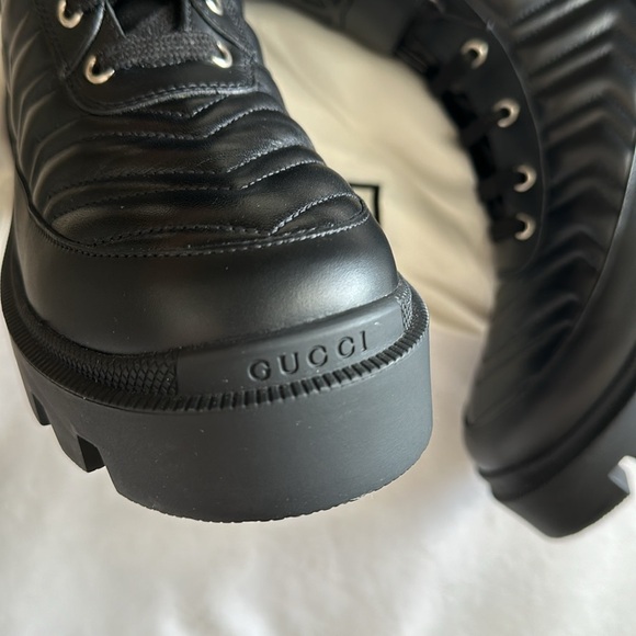 GUCCI Nappa Frances Interlocking GG Black Leather Combat Boots 8 Made in Italy - Picture 5 of 9